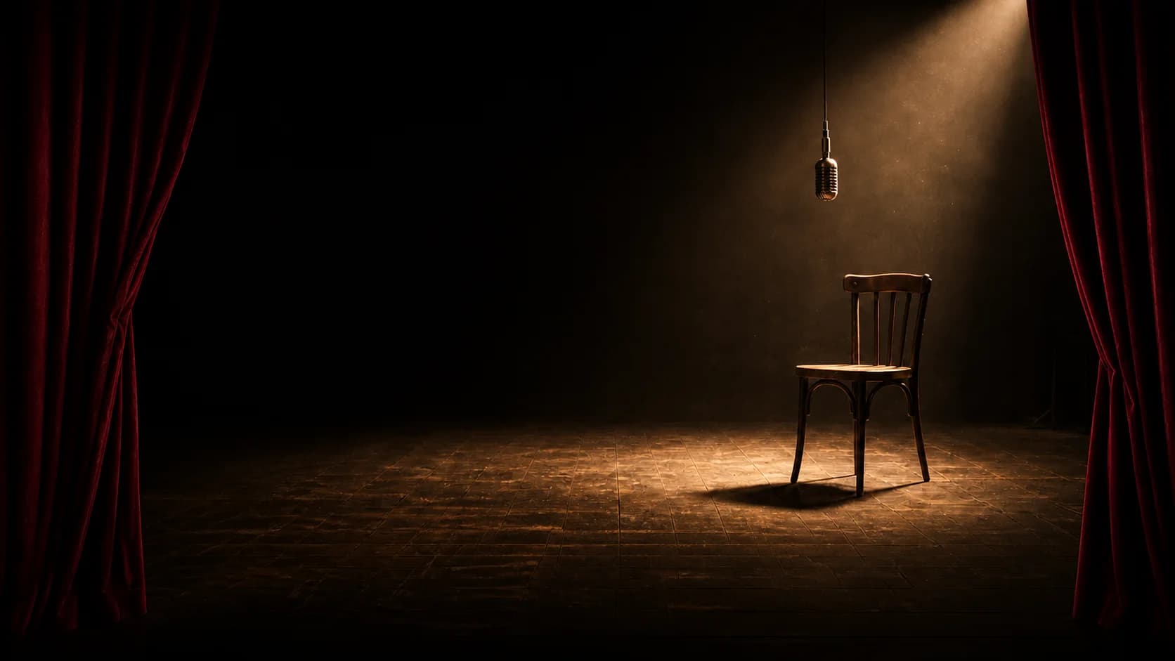 Scène de théâtre vide, rideaux rouges, chaise et microphone